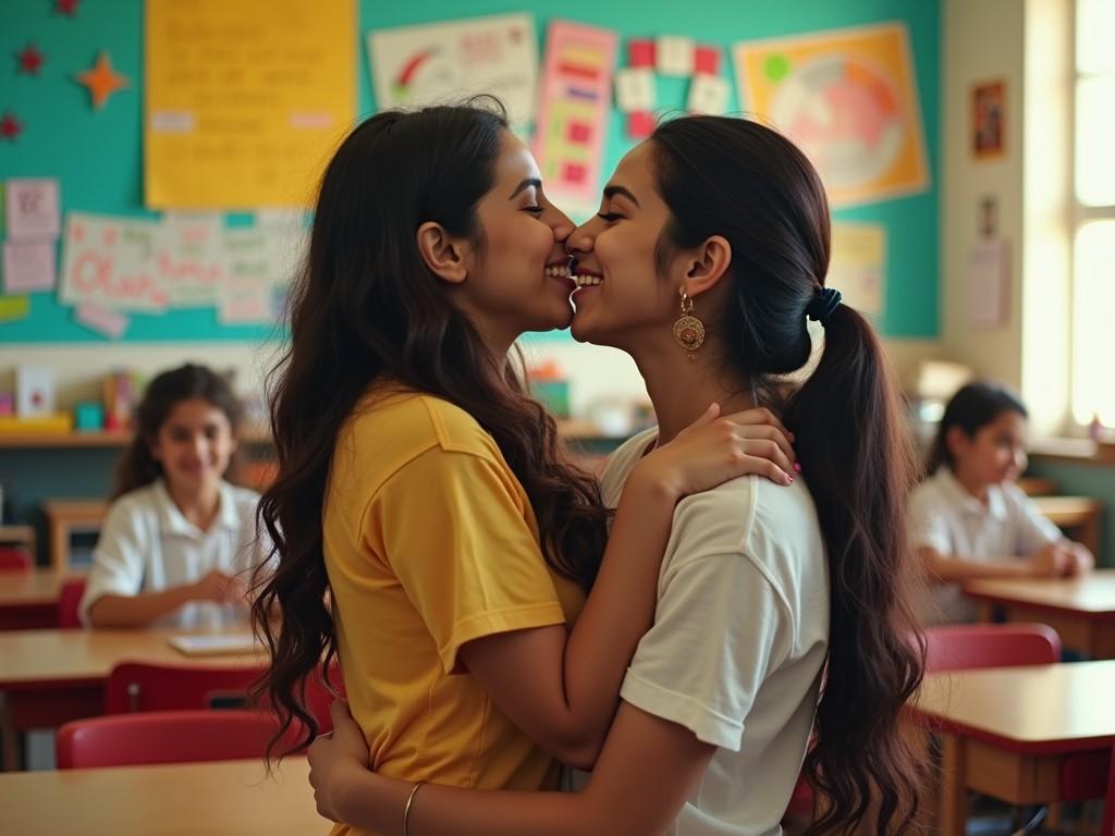 In a colorful classroom setting, two young women share a moment of affectionate joy, standing close with smiles on their faces. They seem completely absorbed in their mutual connection, while other students are in the background, engaged in their activities. The scene exudes warmth and inclusiveness, with vibrant posters and decorations adding charm to the environment.