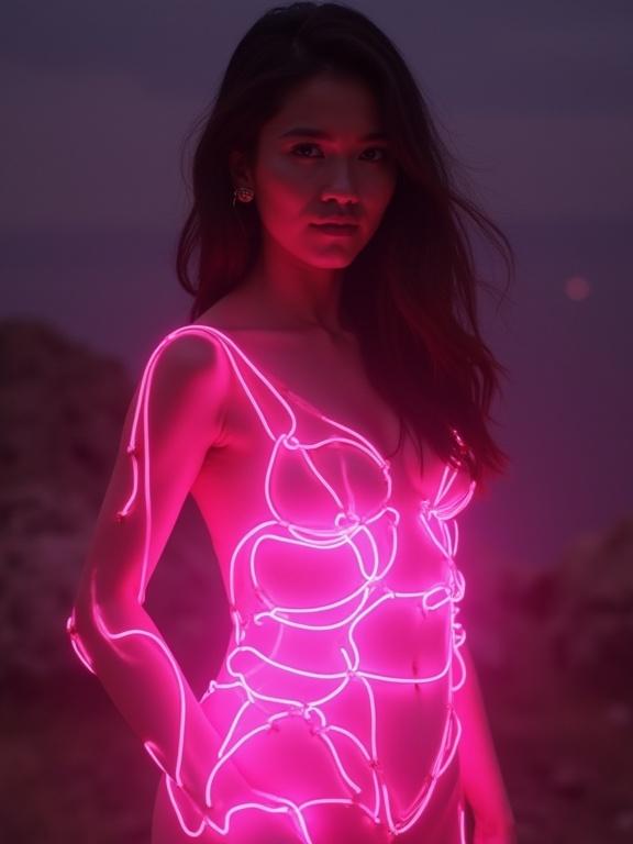A female figure illuminated with pink neon lights in a creative light painting style. Dramatic lighting enhances the artistic expression. Set against a natural background at dusk.