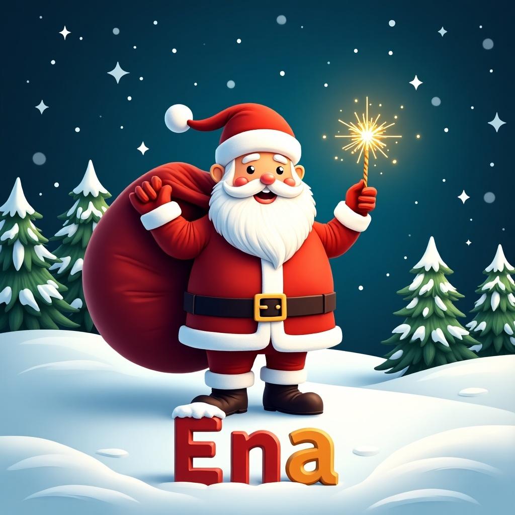 The image features a cheerful Santa Claus standing in a snowy landscape. He has a large red sack slung over his shoulder and is holding a sparkly wand. Santa is dressed in his traditional red and white outfit, complete with a belt and boots. Behind him, the night sky is illuminated with twinkling stars. Pine trees dot the snowy ground, encapsulating a festive winter atmosphere. The name 'Ena' is written in bright colors at Santa's feet.