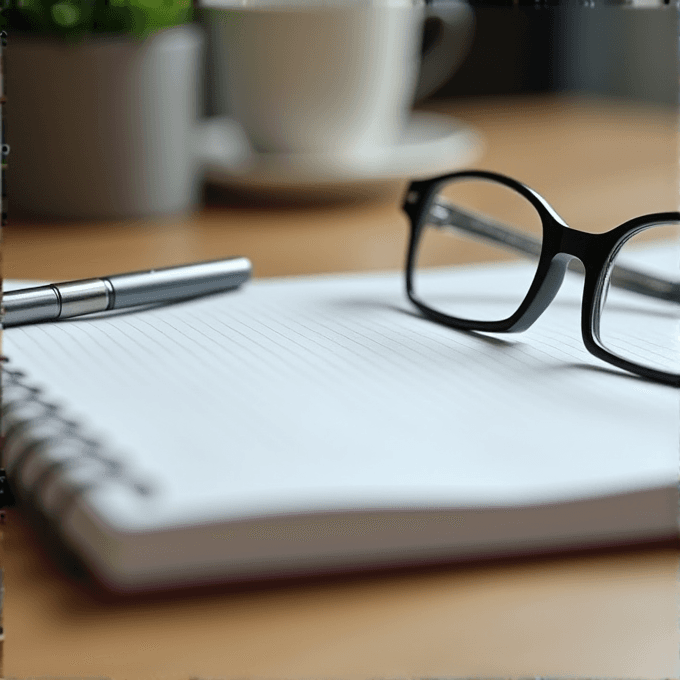 A pair of eyeglasses rests on an open lined notebook with a pen nearby, set against a blurred backdrop of a potted plant and a white coffee cup on a wooden surface.