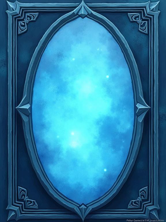 A simple fantasy card back for a trading card game. Light blue design. Adventurous whimsical style. Glowing blue oval stone in center. Symmetrical with a simple border.