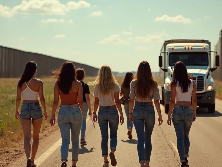 Ultra photorealistic scene showing seven young women walking towards trucks near a border wall. Women wearing sensible clothing. No sunglasses. No border patrol present.