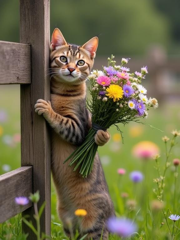 A medium-sized tabby cat stands against a rustic wooden fence holding a colorful bouquet of flowers in a grassy field. The setting is bright and cheerful with wildflowers surrounding the cat.
