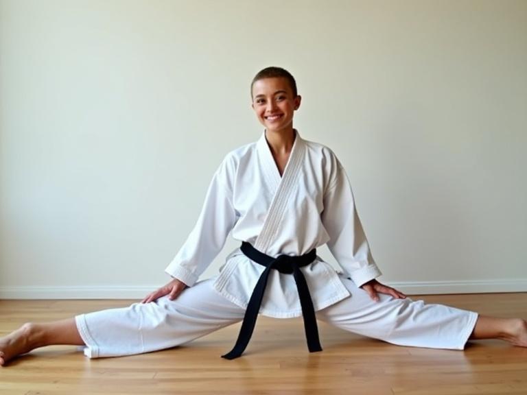 Candid photo of a young woman wearing a traditional white karate gi with a black belt sitting on a wooden floor. She is performing a full split stretch with one leg extended forward and the other back. Both hands placed on hips with a proud smile. Natural soft indoor lighting creates a calm atmosphere. Plain wall in the background. Raised angle view showing full body in a side split position.