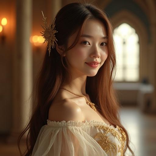 Adult woman with long shimmering brown hair wearing a golden hair ornament. She has a gentle smile and smooth porcelain skin. Her dress is an ethereal fantasy gown with translucent fabrics and ornate embroidery. She stands in a grand dining hall with stone columns and arched windows. The atmosphere is magical and graceful.
