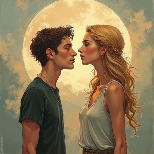 A couple faces each other with a moonlit background. They display an emotional connection. The setting evokes feelings of love and confusion. The atmosphere is soft and dreamlike.