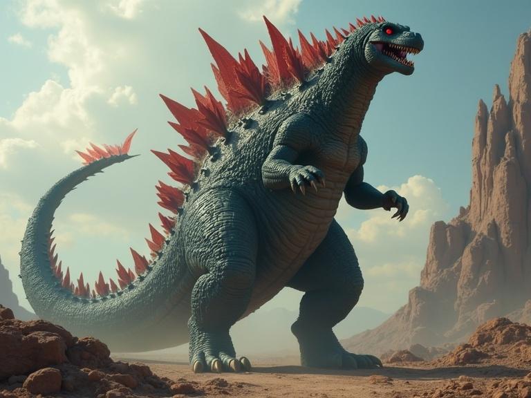 A massive green Godzilla-like creature stands tall in a rocky desert landscape. Red spines are prominent along its back. The scene showcases a dramatic sky with a few clouds.