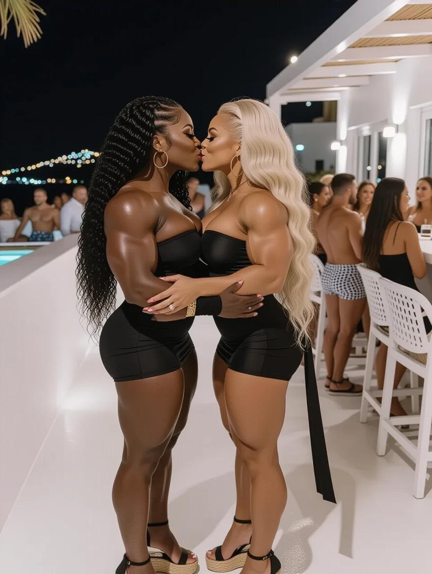 Two muscular women standing closely. One has long curly black hair and dark skin in a tight black dress. The other has long wavy blonde hair and fair skin in a tight black dress. They embrace and are about to kiss. The setting is an outdoor bar in Mykonos at night.