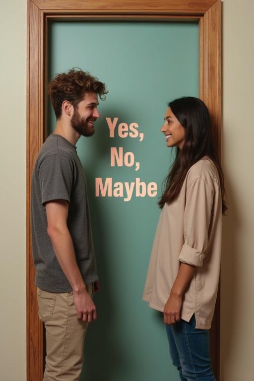 Picture of a young man and woman standing facing each other. A door is between them. The text title is Yes, No, Maybe.