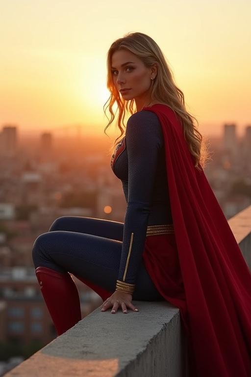 Realistic full-body portrait of female superhero seated on concrete ledge. Figure faces away but is slightly turned. Wears modern Supergirl costume. Red cape drapes behind. Natural sunset lighting. Cinematic style with high detail and soft painterly touch.