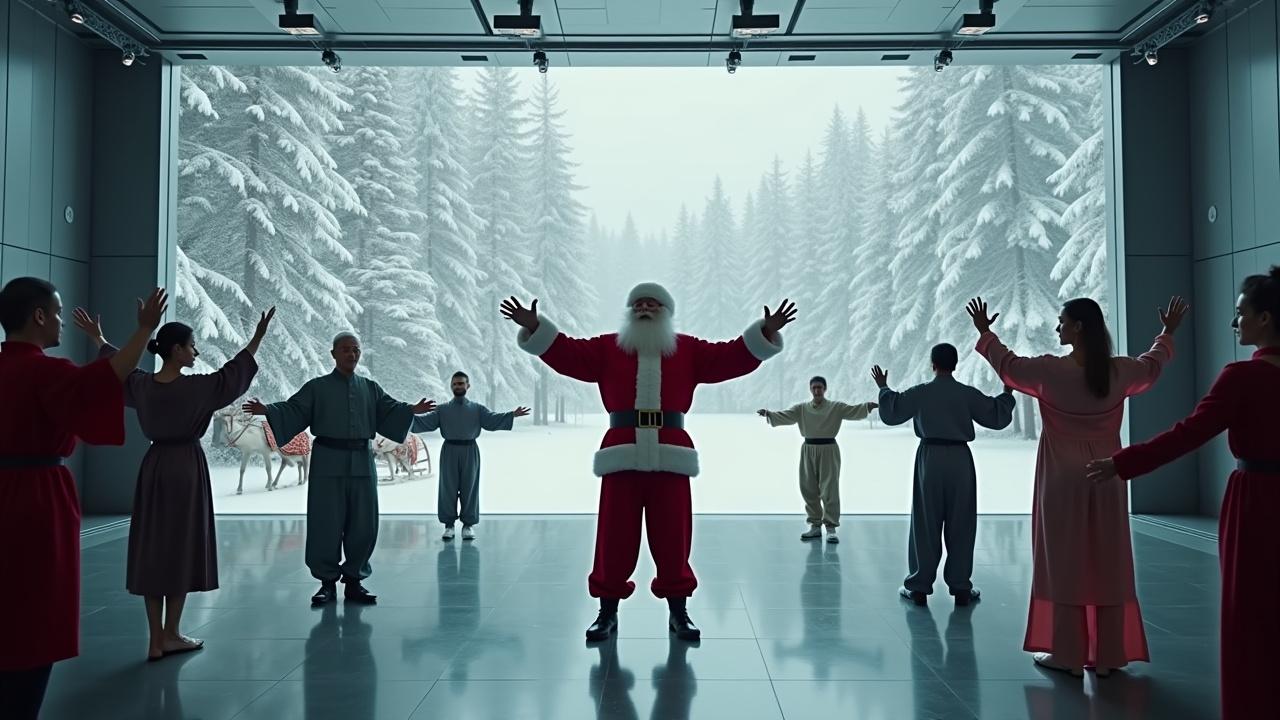 Cinematic image of Santa Claus with open arms. Diverse people practicing Tai Chi in different styles. Snowy woods visible. Sleigh with reindeer parked. Wide shot showing Santa surrounded by joyful individuals.