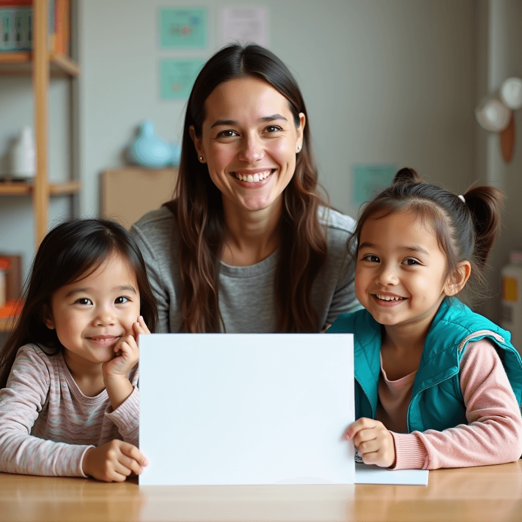 This image features a cheerful adult and two young children sitting together in a cozy, well-lit room. The adult, a woman with long brown hair, is wearing a grey long-sleeve shirt and smiling broadly. The children, both young girls, are seated on either side of her. The girl on the left is wearing a striped long-sleeve shirt, and the girl on the right is dressed in a turquoise vest over a pink shirt. All three are in front of a plain white sheet of paper, suggesting a potential for creative activities like drawing or coloring. The setting appears to be a classroom or a playroom, with shelves and children's artwork decorating the walls in the background.