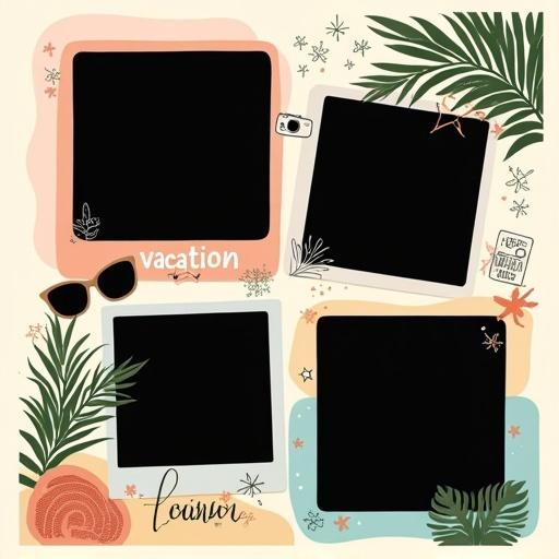 Square-format vacation-themed photo collage with four black-background photo frames in trendy style. Irregular cutout shapes and soft shadow effects simulate layered digital stickers. Clean modern borders in soft beige, blush, ocean tones. Main wide horizontal frame is off-center to upper right. Polaroid frame with slanted bottom margin overlaps lower left corner. Rounded square frame is behind the top left edge, partially visible. Organic wavy shape is near the bottom right, overlapping both main and Polaroid frame. All frames have black inner backgrounds for photos, with subtle drop shadows and soft border accents. Decorated with palm leaves, sunglasses, camera icons, and vacation phrases in trendy fonts.