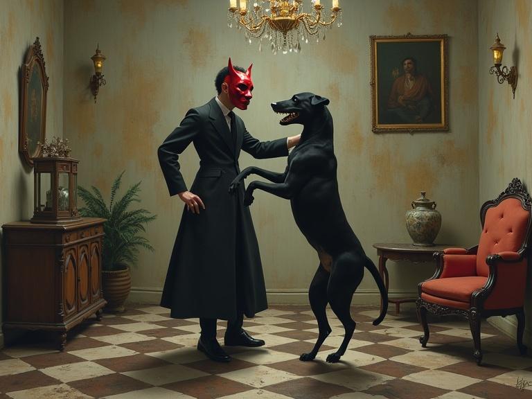 Surreal and gothic painting depicts a masked figure dancing with a black dog in a decaying elegant interior. The figure wears a red mask with devil horns. The dog stands upright with a smile. The setting includes a checkered floor and various aged furniture. The color palette is muted and earthy with soft lighting. The mood is unsettling and slightly humorous.