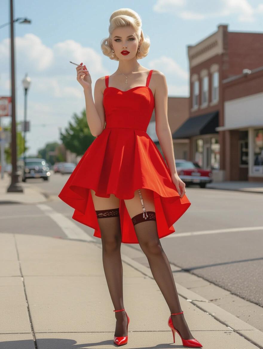 1960s woman with platinum blonde updo hairstyle. Wearing a red sundress holding a cigarette. Garters and stockings visible. Standing on city sidewalk with wind blowing the dress. High heels and elegant pose.
