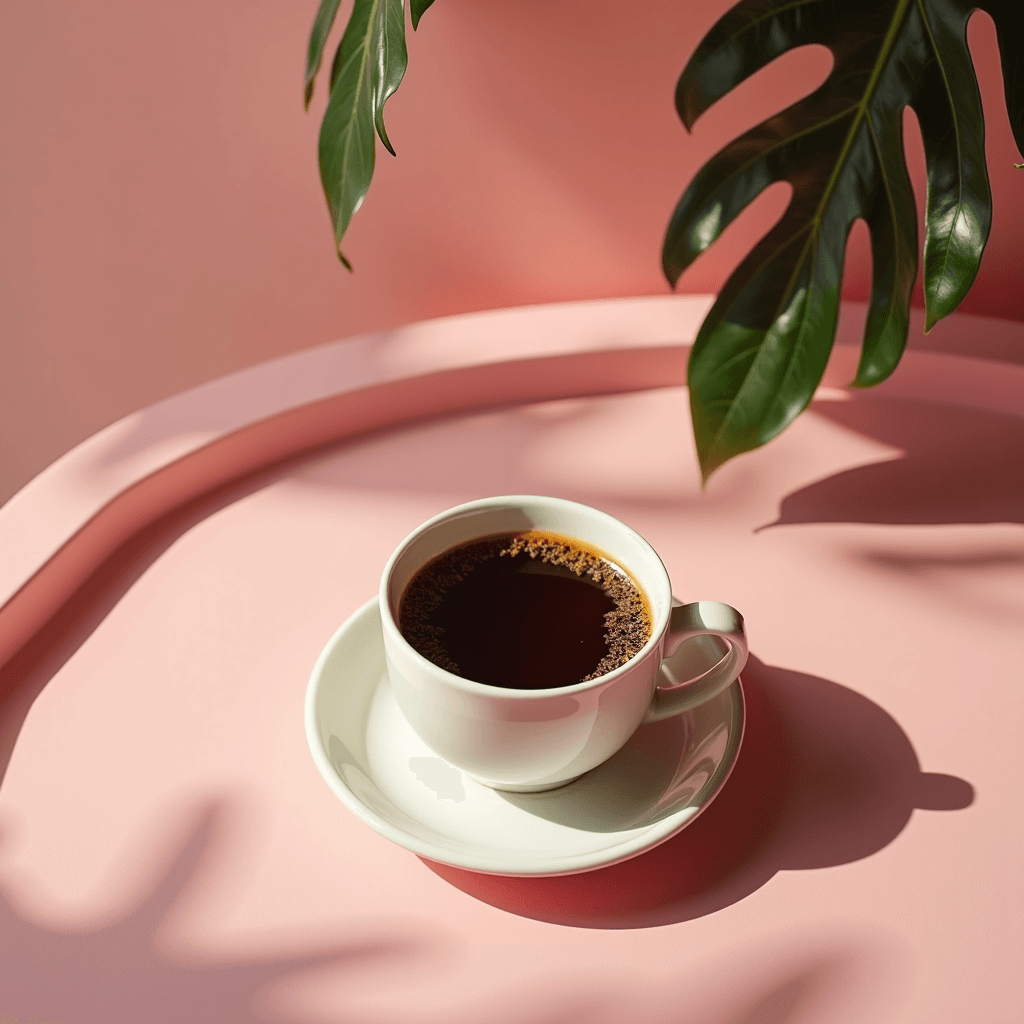 A cup of coffee sits on a round, pale pink tray with sunlight casting leaf shadows, creating a serene and tropical atmosphere.