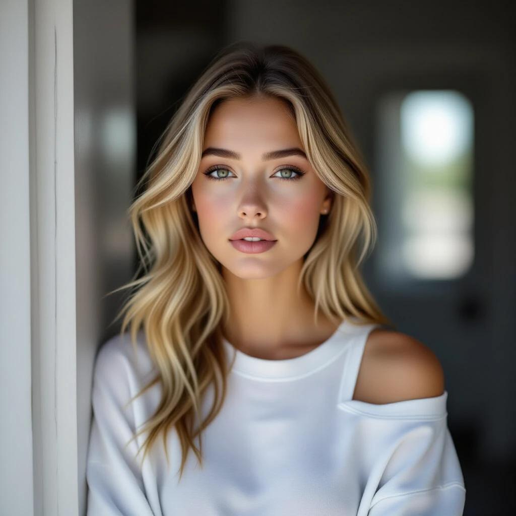 Realistic full-body photo of a girl with fair hair and natural makeup standing in front of a door. She wears a white t-shirt and a sweatshirt sliding from one shoulder. Her expression is emotionless, looking sideways. Medium distance shot shows her figure. Background has a closed door with a frosted glass panel. Overall muted color palette, soft natural lighting.