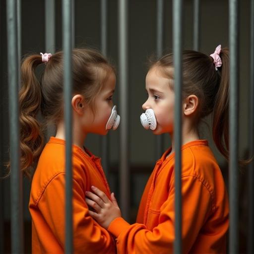 A 10 year old girl plays courtroom with her mother. Mother wears an orange jumpsuit inside a cage. Girl pretends to be a judge. Mother shows emotion. Both have oversized pacifiers in their mouths.