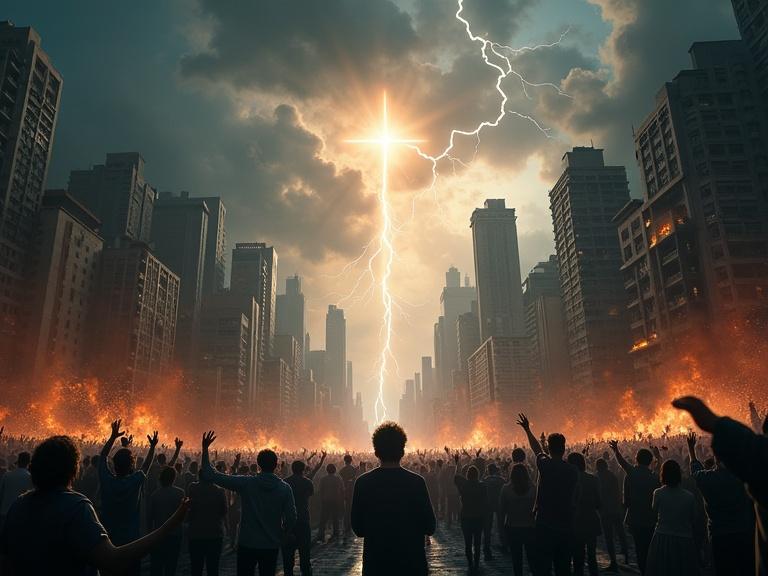 Dramatic scene of a modern city in chaos. Dark storm clouds loom overhead. Lightning strikes illuminate cracked buildings and distant fires. Crowds of people express confusion and fear. Kneeling and raising hands to the sky. Faint rays of light or a cross visible in clouds. Atmosphere evokes pain and suffering with glimmers of hope.