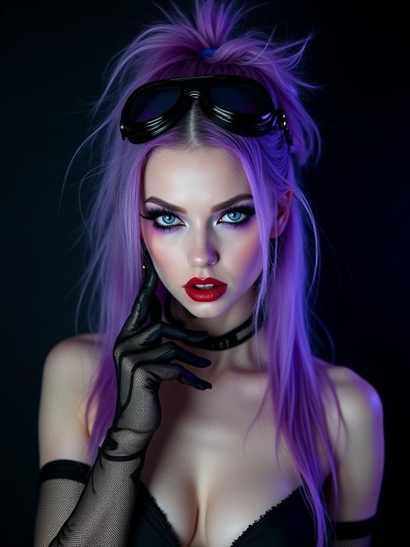 Striking portrait of a woman in cyberpunk style. Long spiky hair with purple and blue strands. Goggles on forehead. Dramatic makeup with sharp eyeliner and bold red lips. Pale skin, dark revealing attire with fishnet sleeves. Piercing blue eyes and elegant hand pose. Dark background enhances luminous features. Evokes intrigue and rebellion.