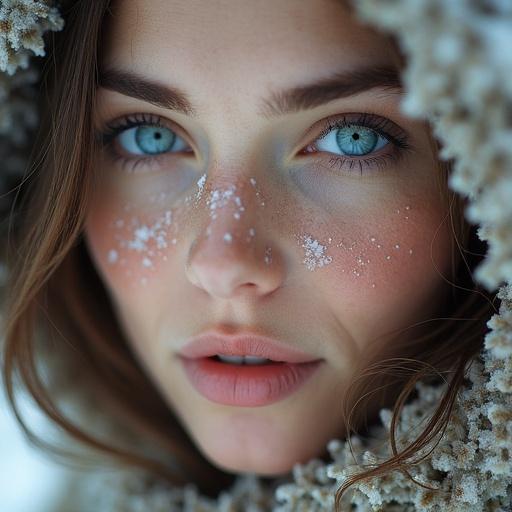 Close-up portrait of a stunning woman with light skin and icy blue eyes. Soft snow on the face. Warm tones. Captured on Kodak Portra 800 film. Fine grain and natural color grading. Soft highlights with a cinematic feel. Detailed texture and dreamy expression.