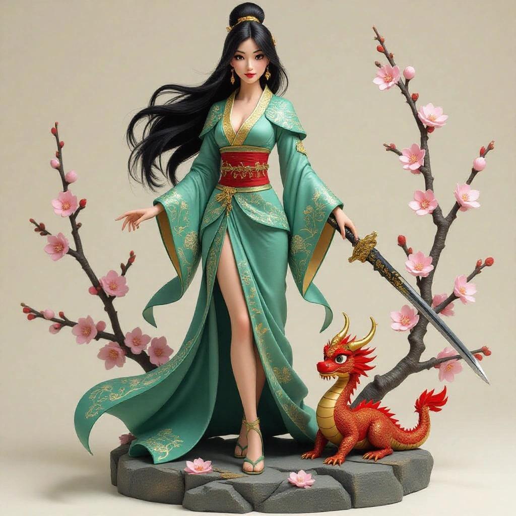 Stylized female figure inspired by Mulan. She stands on a rocky base with cherry blossoms. Dramatic fitted kimono in jade blue, gold, and emerald green with oriental embroidery. Powerful pose, one leg forward. Long sword in the right hand. Small red dragon on left arm. Cricket on finger. Long hair with flowers and chopsticks. Expression firm and serene. Neutral background, soft lighting.
