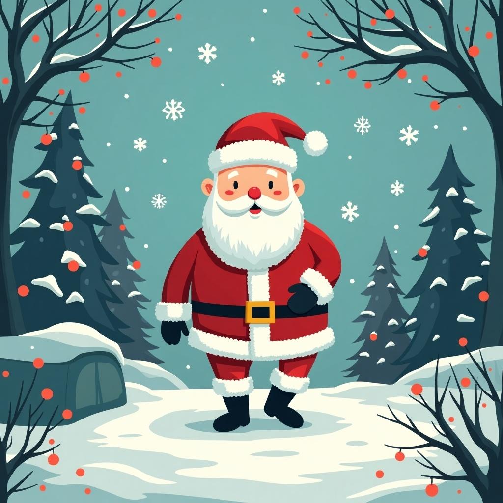 A cheerful Santa Claus standing in a snowy winter forest decorated with snowflakes and red berries. Pine trees surround the scene creating a festive atmosphere. The overall mood is joyful and inviting for a hospital setting.