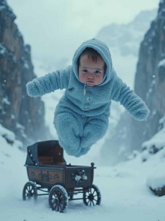 Dramatic slow-motion shot of baby in snow. Baby wrapped in light blue blankets suspended mid-air against stormy mountain chasm. Wrecked carriage blurred below. Baby's face shows distress. Snow swirls violently. High-impact cinematic style, hyperrealistic detail, rule of thirds.