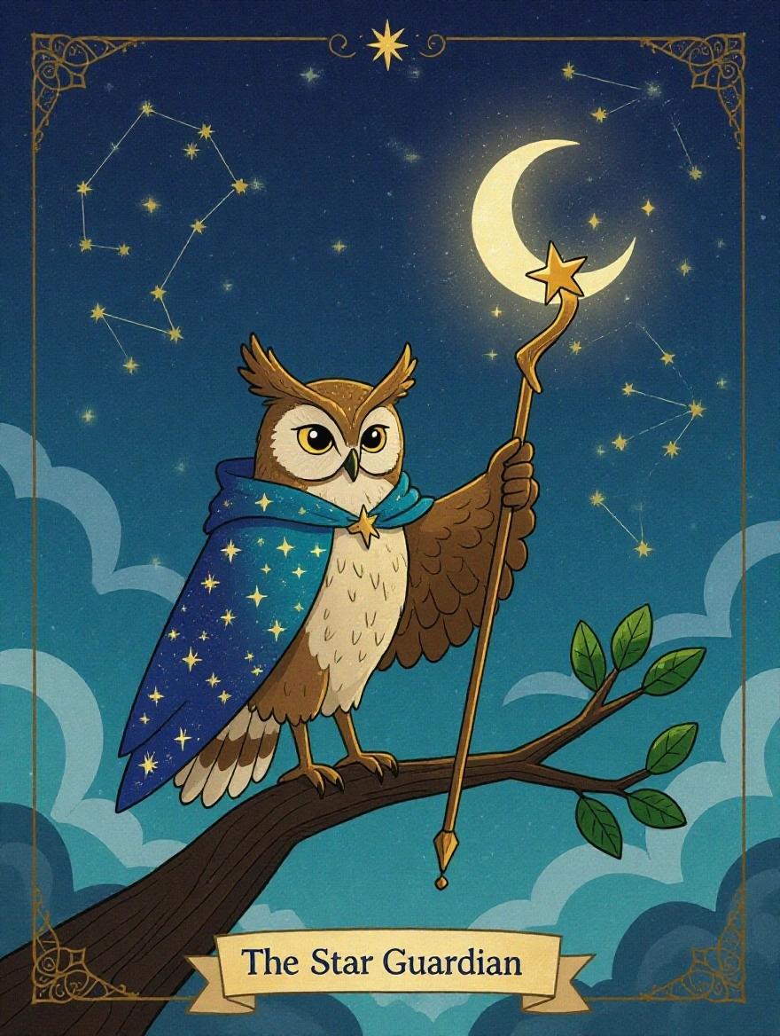 Illustration of a guardian owl with a starry cloak and glowing moonlight staff. Owl stands on a high branch with a night sky filled with stars and constellations in the background.