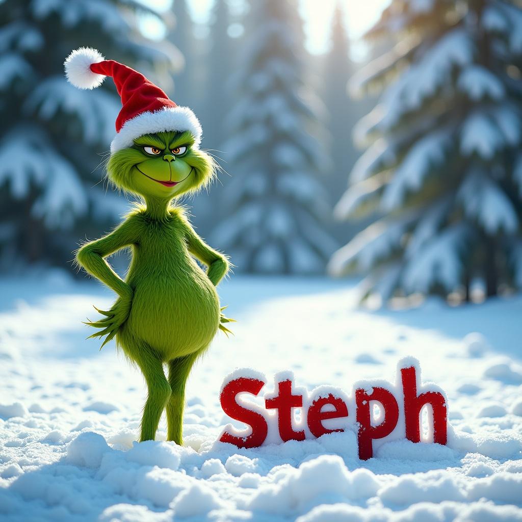 The Grinch in a snowy setting. The Grinch wears a Santa hat and stands beside the name 'Steph' written in the snow. The background features snow-covered trees and bright winter scenery.