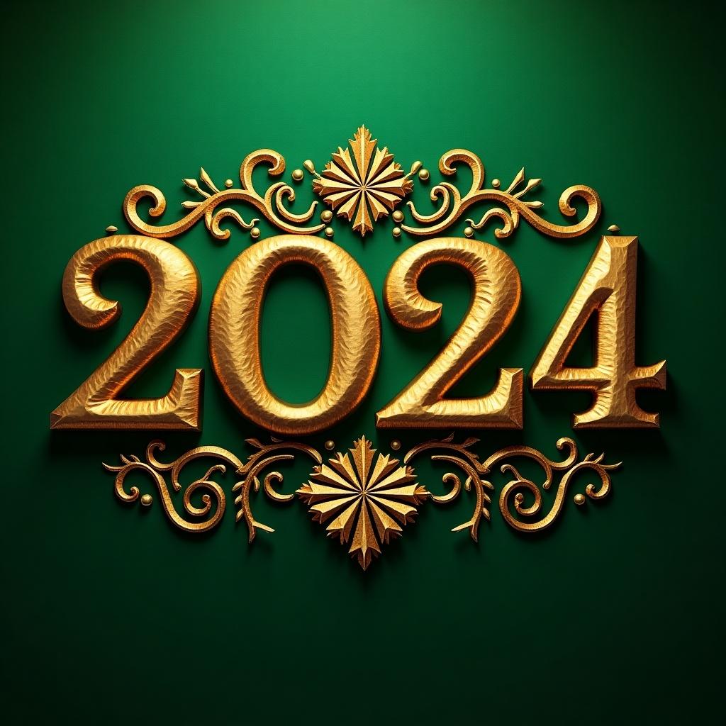 Golden ornamental number 2024 on a green background with ornate accents.