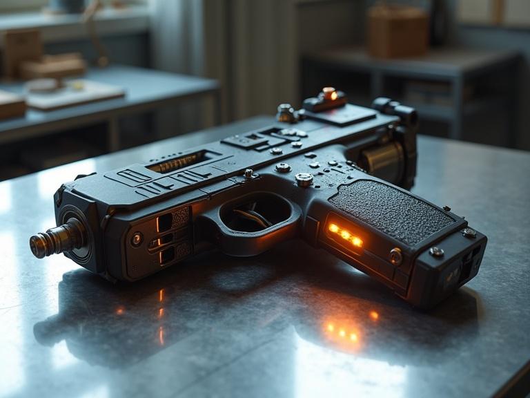 A close-up view of a sci-fi gun resting on a silver metal table. The gun has bulkiness and sleek bevels, featuring LED lights, clips, and visible bullets. The image showcases intricate details, textures, and realistic shadows, aiming for a high-definition appearance.