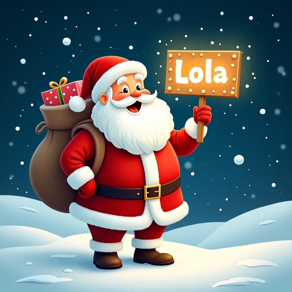 Cheerful Santa Claus in snowy landscape holding glowing sign with name. Starry night sky in background. Classic red and white suit. Sack of gifts over shoulder. Softly falling snowflakes create a festive scene. Joy and whimsy of holiday season captured.