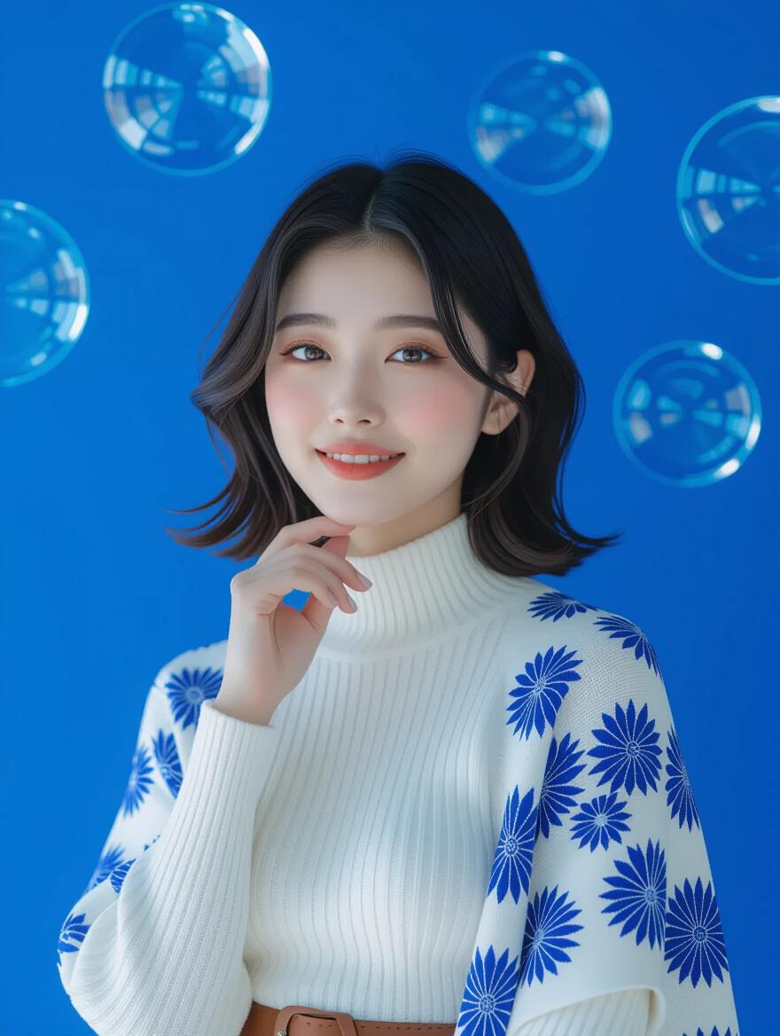 Young Japanese model poses confidently in a bright setting. Model has black shoulder-length hair with light curls. Dressed in a stylish white layered top with blue floral patterns. Model gently touches her chin. Bright royal blue background with large glass decorations. Captivating eyes and a warm smile. Overall picture is well lit and visually appealing.