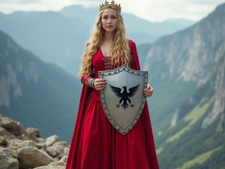 A majestic woman in a vibrant red dress stands proudly on a rocky surface. She grips a silver shield adorned with a black eagle emblem. Her long golden hair flows down her back while a crown rests atop her head. The mountainous landscape behind her is stunning, accentuating her powerful figure.