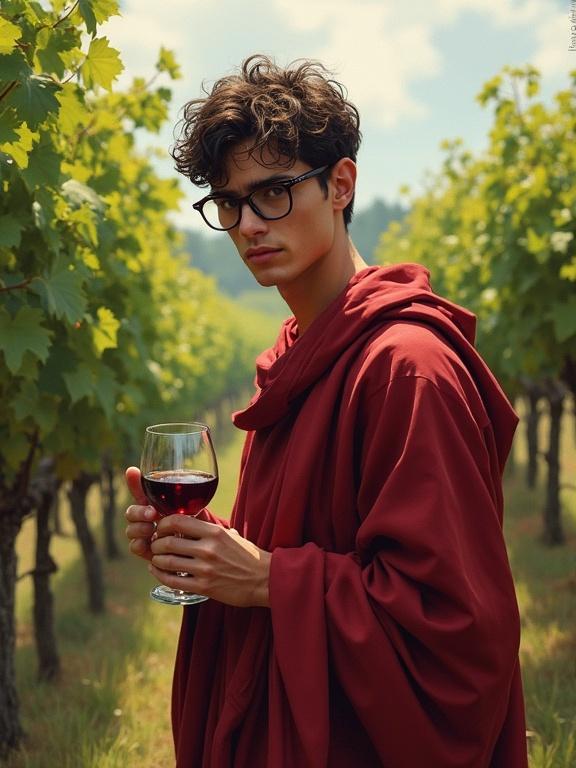 Digital painting featuring a young man with round glasses wearing robes. He stands in a vineyard holding a glass of red wine, exuding a thoughtful expression. The setting is outdoors, surrounded by lush vines.