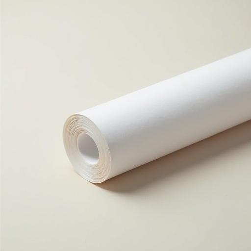 A roll of unprinted paper on a smooth light background. The texture is plain and white. The paper roll is centered in the image with a focus on its cylindrical shape.