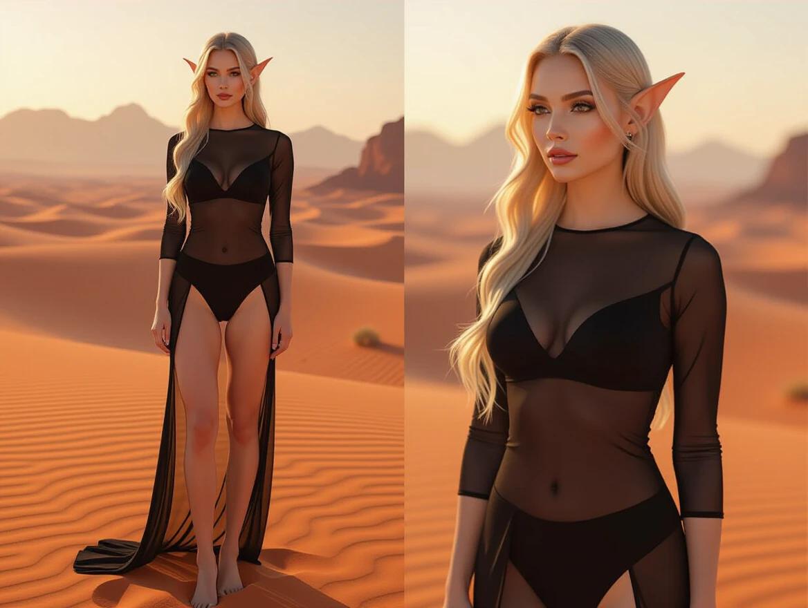 Generate a profile image of a beautiful woman with alien features. She has elongated ears and blond hair. Wearing a transparent black tunic that highlights her slim body. She is standing on reddish sand with a blurred mountain background. The scene is captured in 8K resolution with professional photographic style. The woman has a sensual expression and the soft golden sunset creates a blend of elegance and strength. The image emphasizes woman with a cinematic feel.