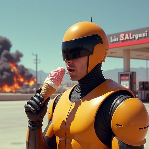 A robot inspired by ROBOCOP eats ice cream beside a gas station explosion on a bright sunny day. Dramatic scene contrasts the robot's calm demeanor with chaos in the background.