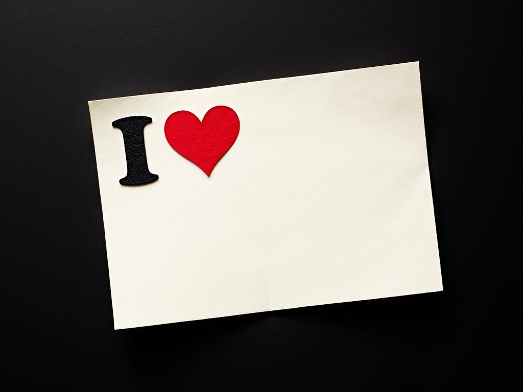 A piece of textured paper is displayed prominently against a solid black background. The left side features the letter 'I' in bold black font, next to a vivid red heart symbol. Following the heart, there is an open space waiting for additional text or imagery. The overall appearance is simple yet striking, emphasizing the message of love. This design could be an excellent starting point for a personal note or greeting card.