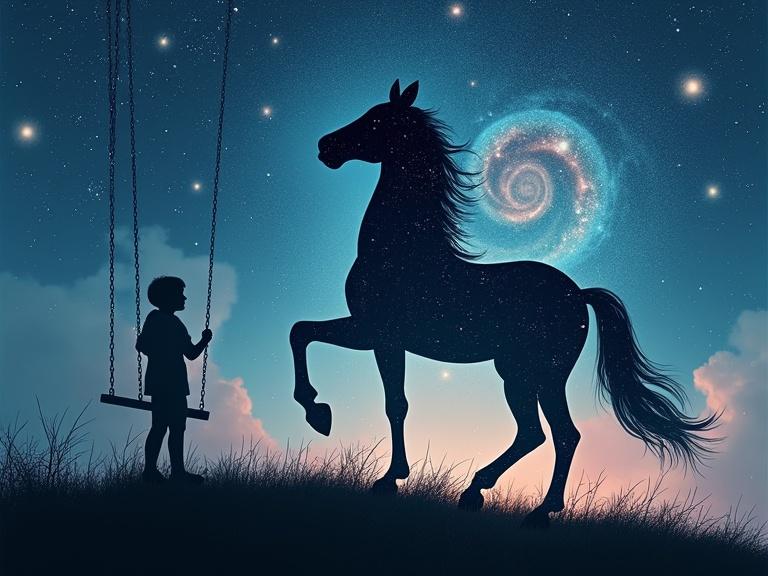 Artistic double exposure with a boy and a horse in silhouette. Night sky with stars and a galaxy in the background. Memories appear transparently like an empty swing and a child's room. Dreamlike digital painting style with soft textures and minimalist background.