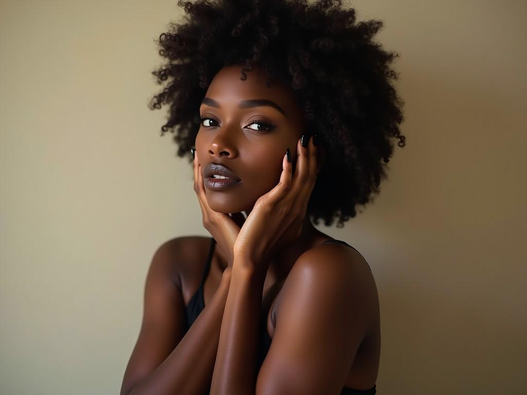 This intimate portrait showcases a woman with a serene and contemplative expression. Her naturally curly hair frames her face elegantly, and her hands gently cup her cheeks, adding to the image's soft and graceful vibe. The lighting casts a warm glow across her skin, creating a harmonious blend of shadows and highlights against a neutral background.