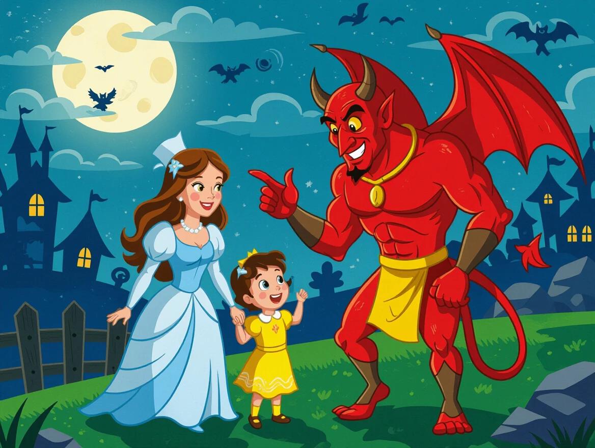 A devil character interacts playfully with a mother and child. Scenic background with a moon and bats. Bright colors and cartoon style make it engaging for children.