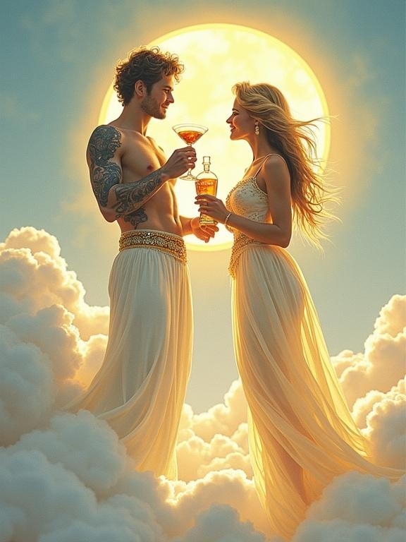 A radiant goddess stands on a cloud. She holds a golden glowing bottle of ALFRUNO elixir. The scene has a soft ethereal light. A golden-reddish shimmering cocktail liqueur glass is raised in toast with her partner. The artwork is inspired by Mucha and WLOP. Colors are soft blues, golds and whites creating tranquility and celestial beauty.