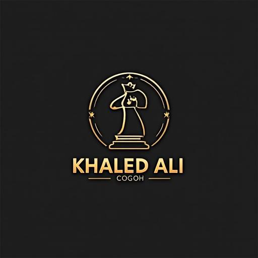Design modern logo for chess player Khaled Ali. Include chess piece symbol. Integrate full name or initials K.A. Use black and gold color scheme. Style must be clean, minimal, yet impactful.