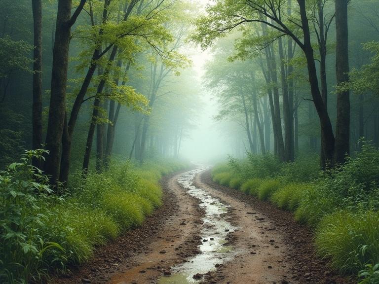 Muddy trail winds through a dense misty forest. Trees line the sides. Ground is wet and muddy with puddles. Green foliage is vibrant and lush. Soft mist envelops the scene.