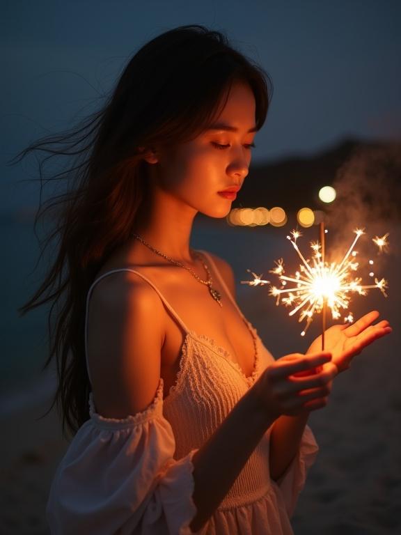 A young woman poses on the beach at night holding a sparkler. She wears a flowing dress with a bohemian vibe. Her hair blows in the wind and she has a necklace. The sparkler casts a soft glow against the dark sky.