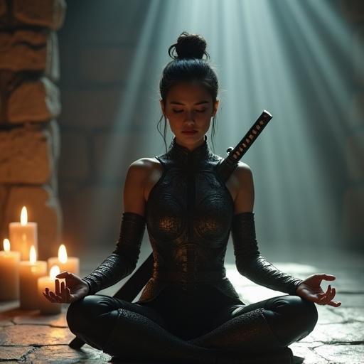 A young woman with dark hair styled in a high bun meditates in a lotus position. She wears dark armor with patterns. A katana rests behind her. The scene has warm candlelight and soft rays of light. The mood is serene and powerful, emphasizing quiet strength and introspection.