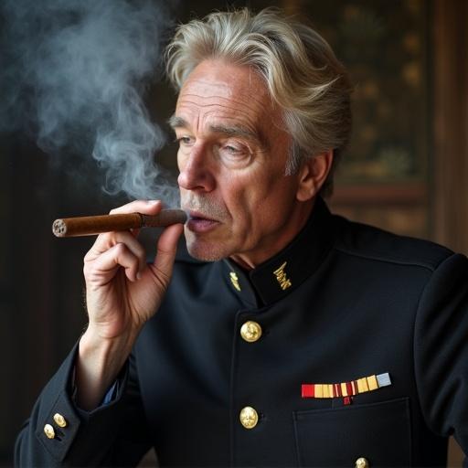 Portrait of a man in a military uniform smoking a cigar. Soft lighting creates a dramatic effect. Man looks thoughtful and composed.