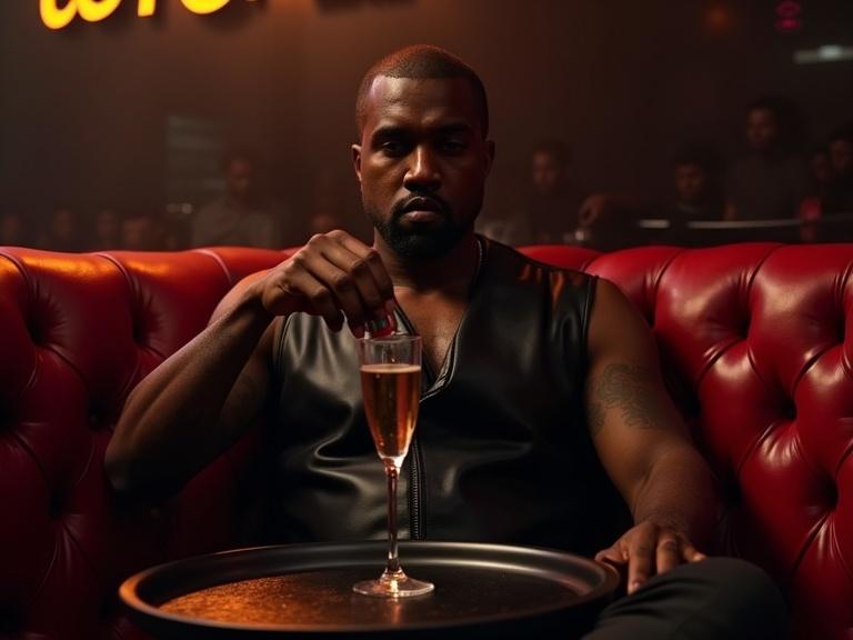 Kanye West in nightclub vip section. Older black gangsta rapper. Black leather vest. Sitting next to empty seat. Emptying a tiny vial of colorless liquid into champagne glass on tray. Full body shot. Candid shot.
